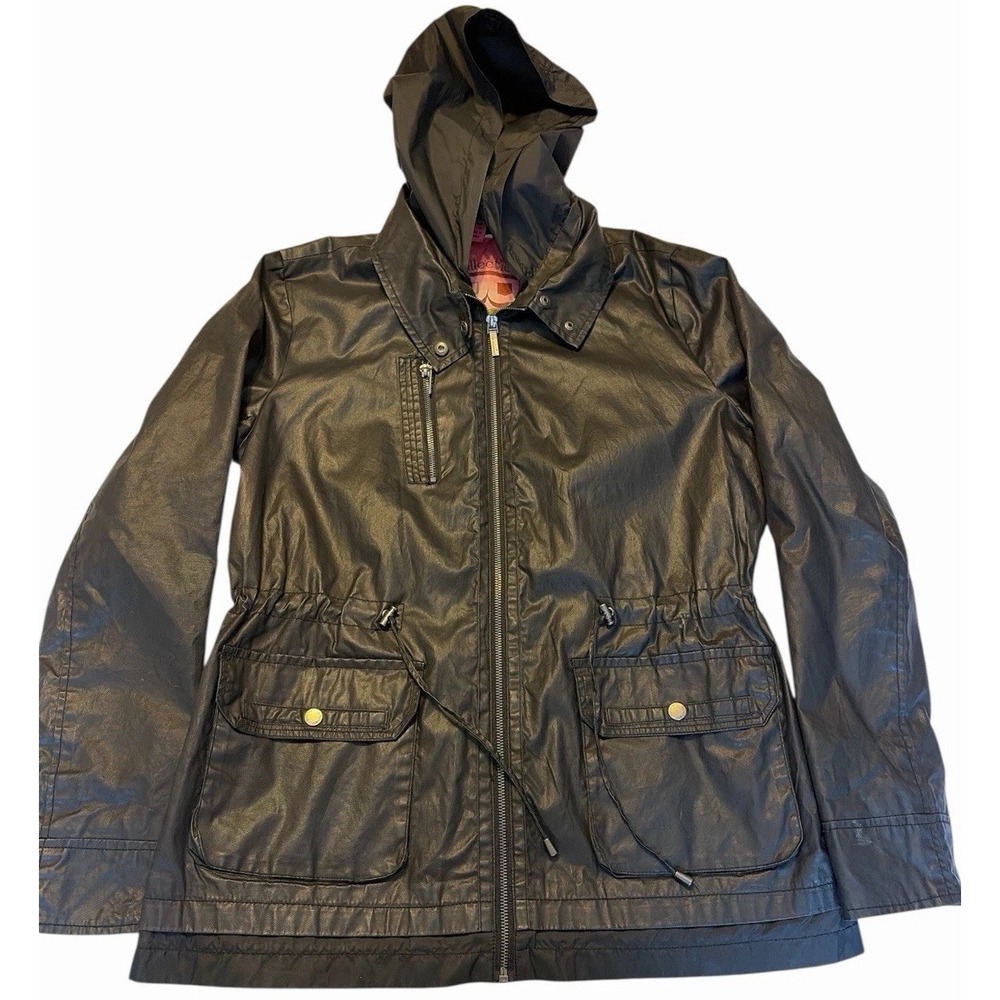 Bernardo Black Hooded Parka Jacket Women's Size L Drawstring Waist Zip